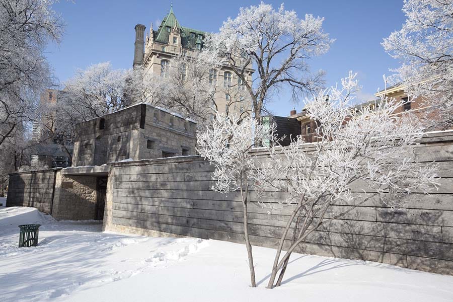 Fort Garry in Winnipeg on a snowy winter's day.