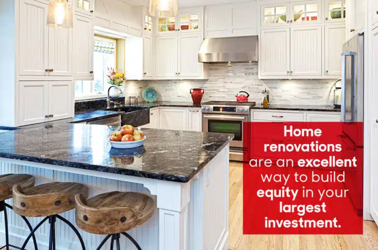 A recently remodeled kitchen featuring marble countertops, stainless steel appliances, white cabinets, and pendant lighting. The overlaid text reads, “Home renovations are an excellent way to build equity in your largest investment.”
