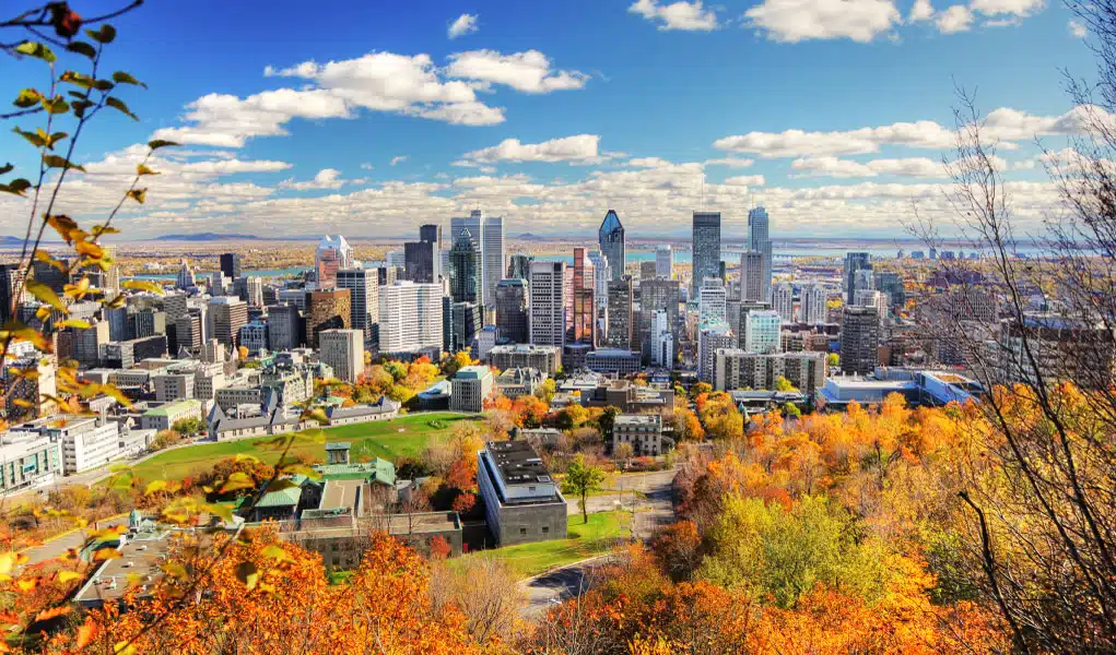 Distant view of the Montreal, Quebec, skyline on a sunny fall day.