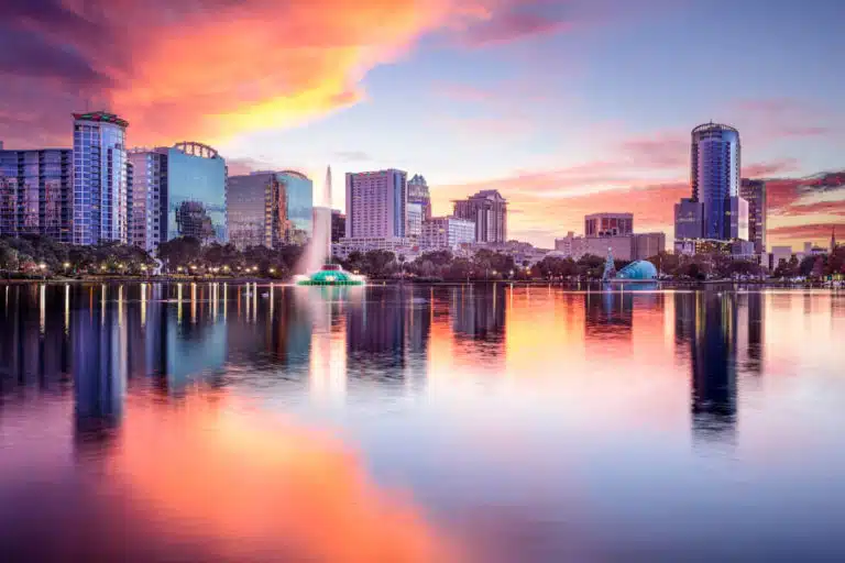 downtown Orlando, FL skyline at sunset