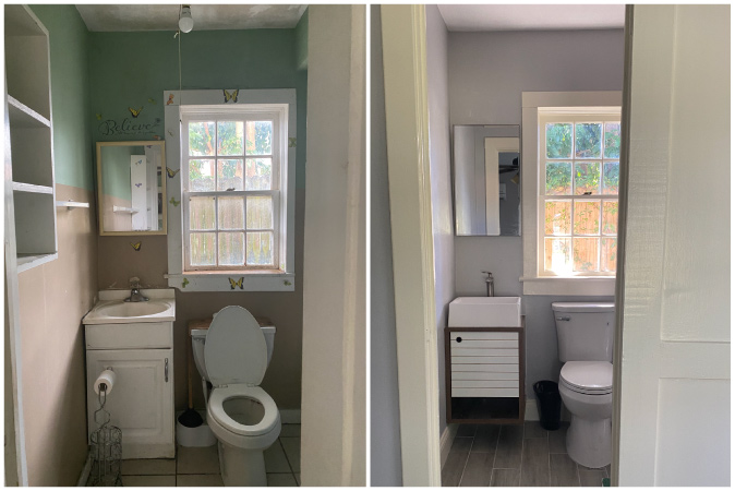 A before-and-after view of a half bath remodel. The walls have been repainted from a green and brown to a light purple-gray, the old tile floor has been replaced with smaller, more modern wood-like tiles, the small medicine cabinet has been replaced with a larger one, and the sink and vanity have been replaced with a more modern style.
