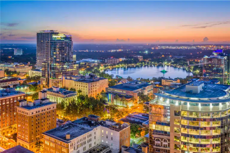 Orlando, FL and Lake Eola at sunset