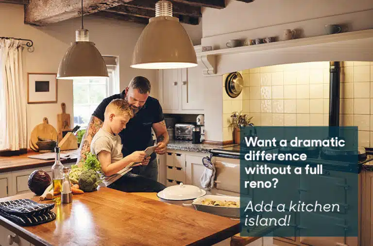 father and son reading at their kitchen island