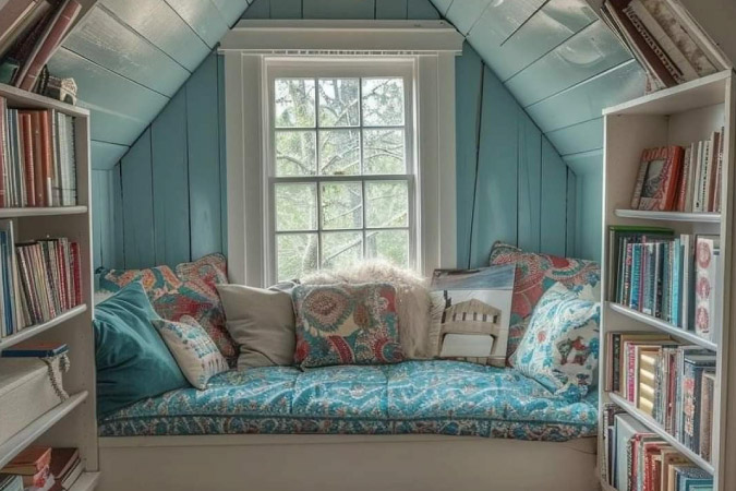  A cozy attic reading nook with colorful cushions and built-in bookshelves on the walls. 