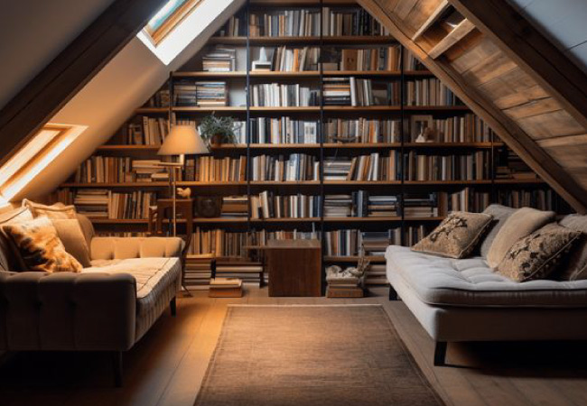An attic library featuring sky lights, two couches, and an entire wall of built-in bookshelves.