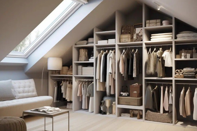  A luxury wardrobe built into the wall of a newly renovated attic.