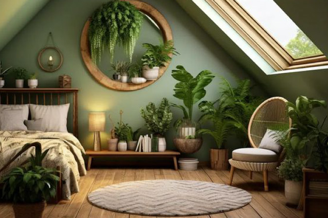 An attic bedroom with myriad houseplants placed all around the space and a skylight letting in natural light.