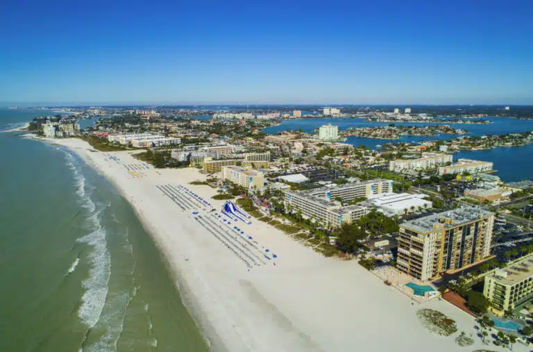 Aerial view of St. Pete Beach in St. Petersburg, Florida, on a sunny summer day.
