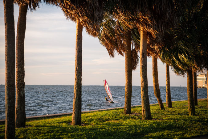 A sailboarder is riding past Vinoy Park in St. Petersburg, Florida, on a breezy summer day.