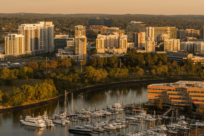 Aerial view of Harbor Point Marinas and Kosciuszko Park in Stamford, Connecticut, during the golden hour.