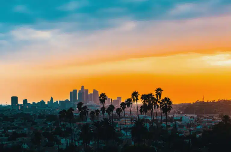 The hazy Los Angeles skyline at sunset