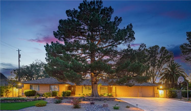 A one-story, single-family home in the Spring Valley neighborhood of Las Vegas, featuring a large pine tree right in the middle of its neatly landscaped lawn.