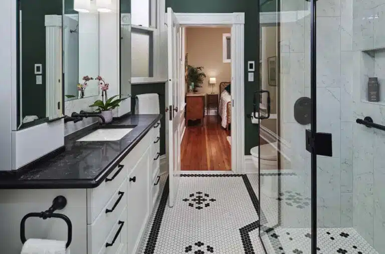 A renovated black-and-white bathroom