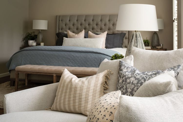 A gray, beige, and white bedroom