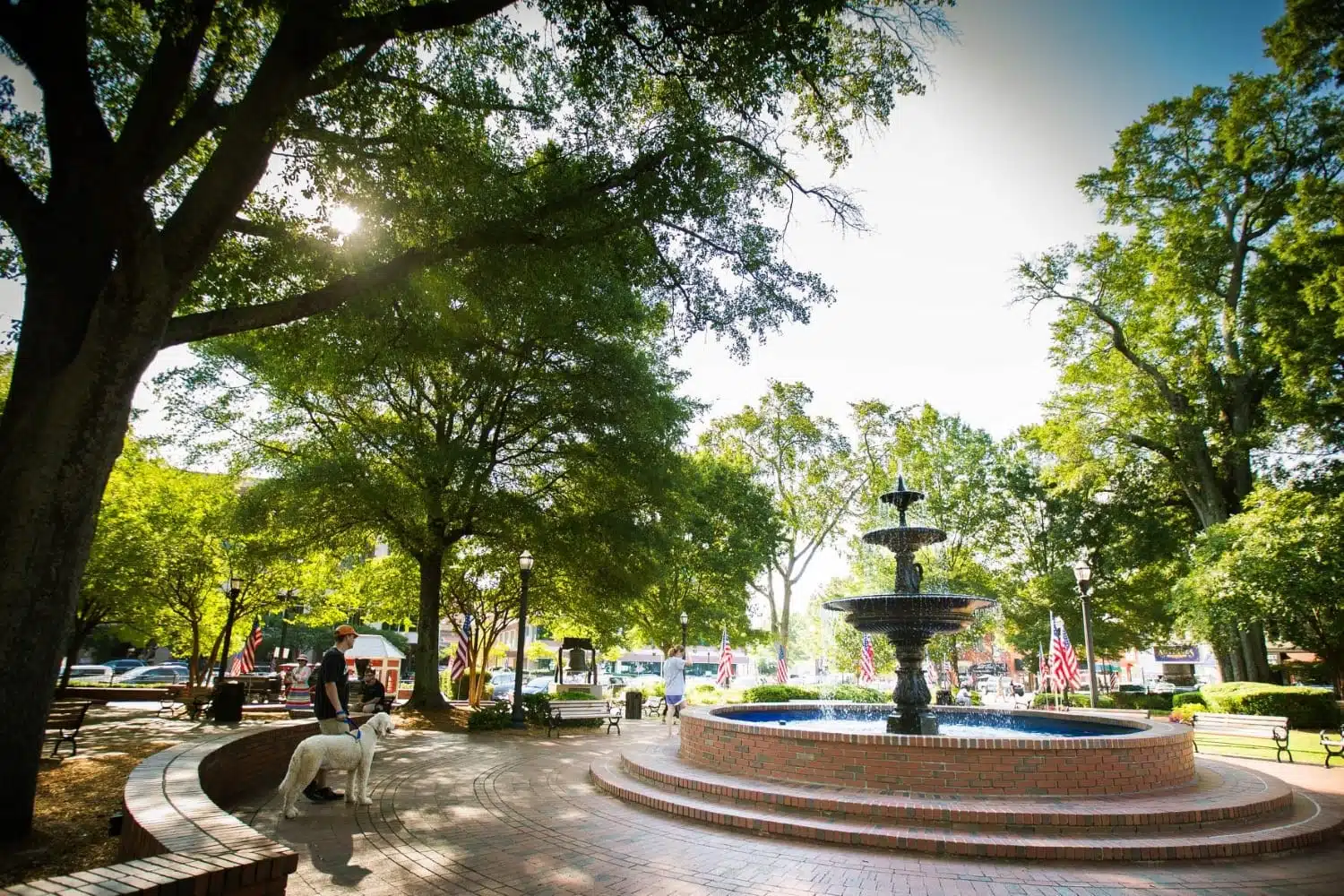 A man and his dog are taking a break from their walk beside a large, decorative water fountain in Marietta, Georgia.