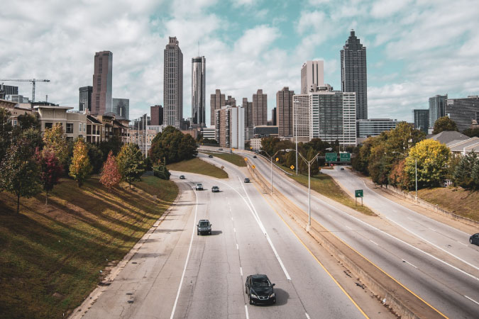 Aerial view of the freeway leading into Atlanta, Georgia. 