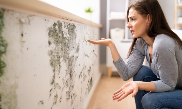 A woman is kneeling beside a moldy wall in her apartment. She is looking at the wall and holding her hands out to her side with an exasperated look on her face. It is within her tenant rights to have a safe and livable home.