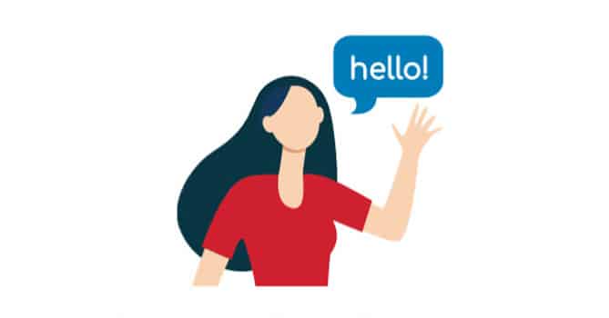 A graphic of a woman waving and saying, "Hello!"