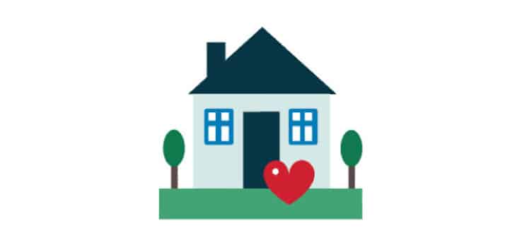 A graphic of a house with a heart by the front door and two trees on either side.