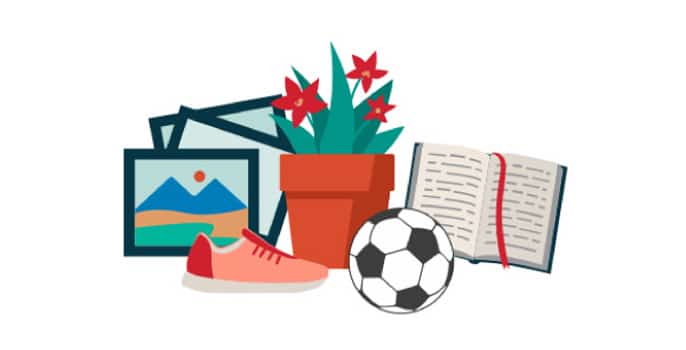 A graphic representing hobbies and interests: A sneaker, a soccer ball, a flower pot with flowers, a book, and a group of picture frames with landscape pictures.