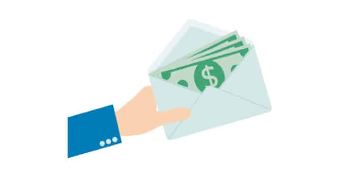 A graphic of an arm with a hand holding an envelope filled with cash.