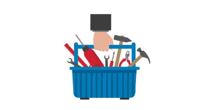 A graphic of an arm with a hand holding a tool box full of various tools.