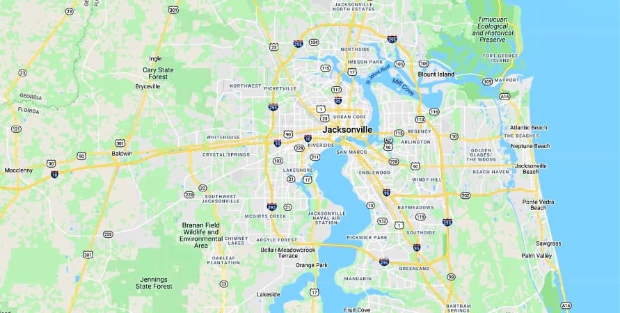 A screenshot of a map showing some of the best neighborhoods in Jacksonville, FL, and surrounding areas