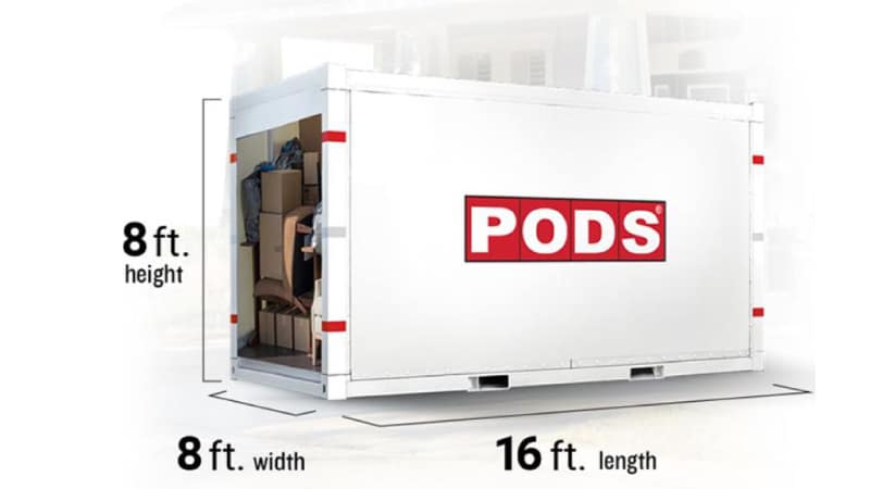 An illustration of a packed 16-ft PODS moving and storage container that shows the height (8 ft.), width (8 ft.), and length (16 ft.).