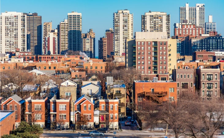 Residential buildings and town homes in Chicago’s Old Town and Gold Coast neighborhoods in winter.