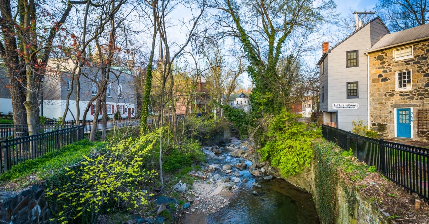 A large creek surrounded by greenery and trees runs between two rows of houses in Ellicott City.