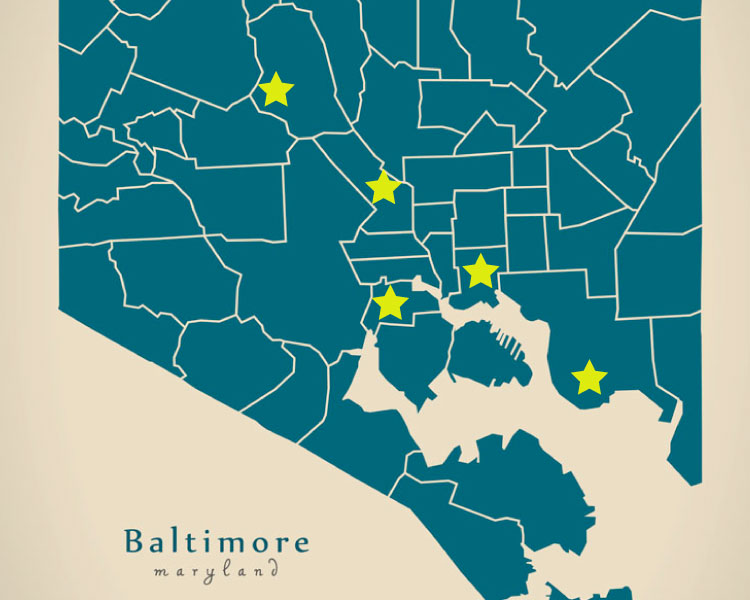 A simply designed map showing dozens of neighborhoods in the city of Boston, Maryland. The map is blue and white and there are yellow stars marking where Hampden, Canton, Fells Point, Federal Hill, and Mount Vernon are located. 