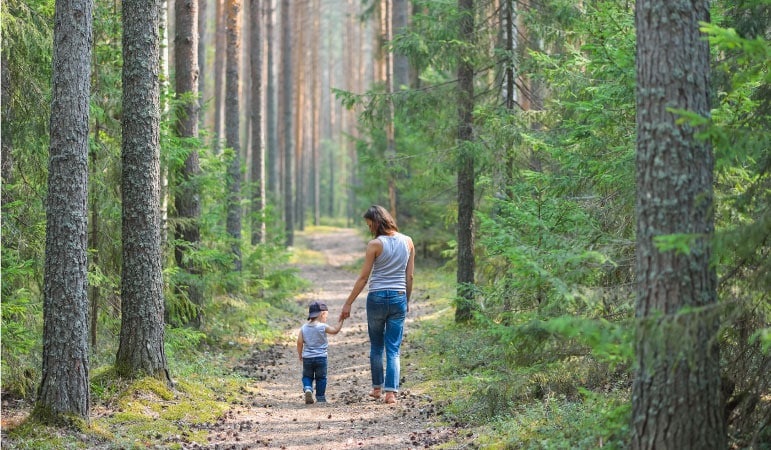 A mother and son walking on a forest trail