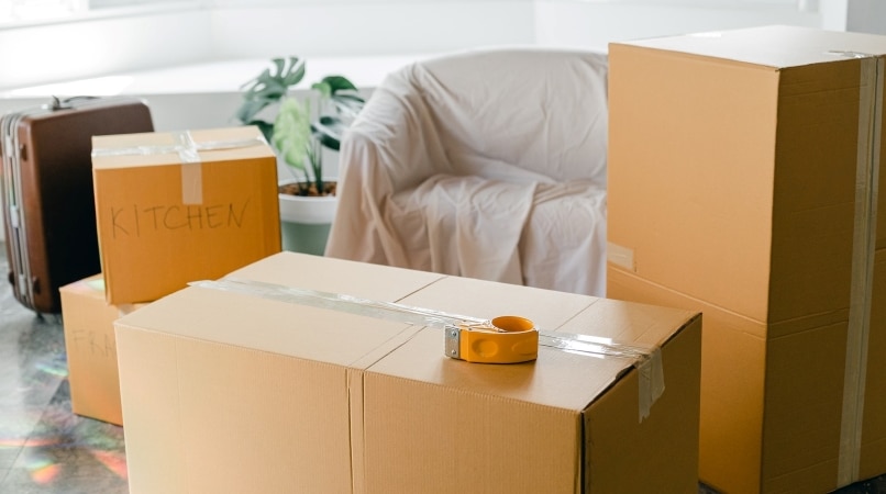 Various sized moving boxes are packed and taped for a move. Nearby is a suitcase, house plant, and a sofa covered with a white sheet.