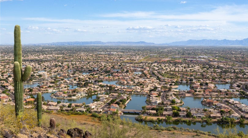 Waterways wind through residential neighborhoods in beautiful Glendale, AZ, as a few cactuses stand in the foreground.