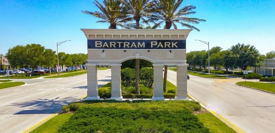 The distinct columned structure that welcomes you as you enter Bartram Park in Jacksonville, Florida.