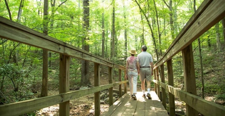 couple walking in the forest in Sandy Springs, GA