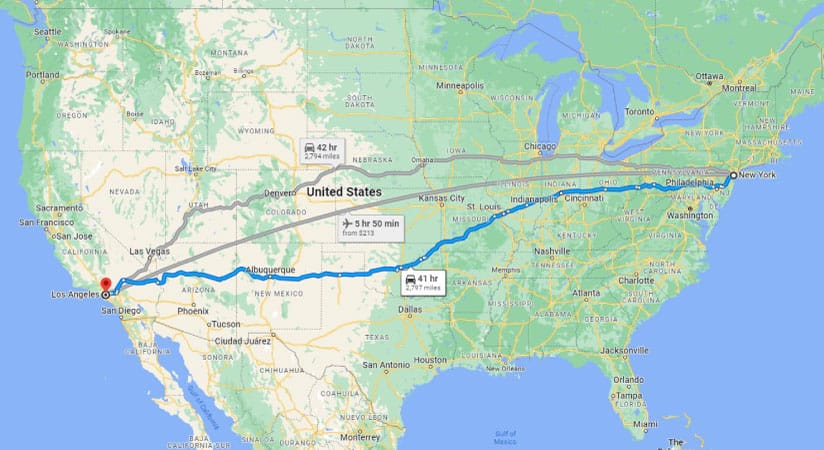 A map of the United States showing different routes from NYC to Los Angeles.