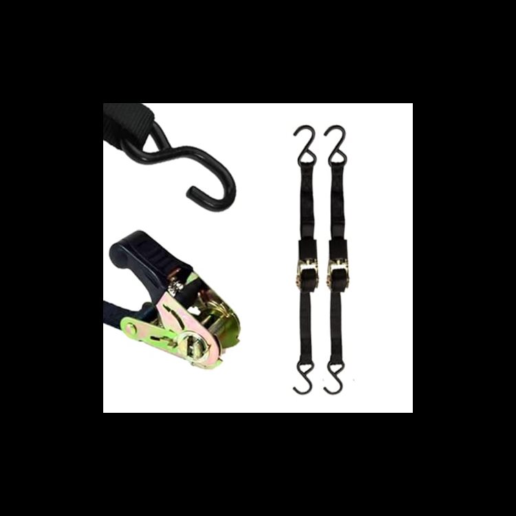 An image of ratchet straps, showing a pair of straps side by side and a close-up view of the ratchet attachment and hook