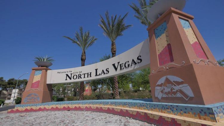 Ground-level view of the huge “Welcome to North Las Vegas” in North Las Vegas, Nevada. The impressive sign is made of concrete, tile, and other materials. 