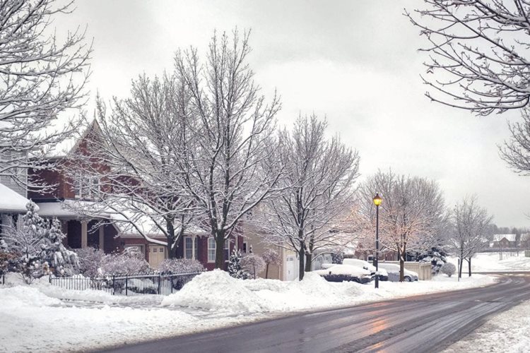 The view of a residential street in the dead of winter. The trees are bare, and snow is piled up on the tops of roofs and cars. The road is slick, but several inches of snow covers the driveways. 