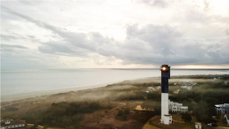 Aerial view of Sullivan’s Island Lighthouse on a foggy day in Sullivan’s Island, South Carolina.