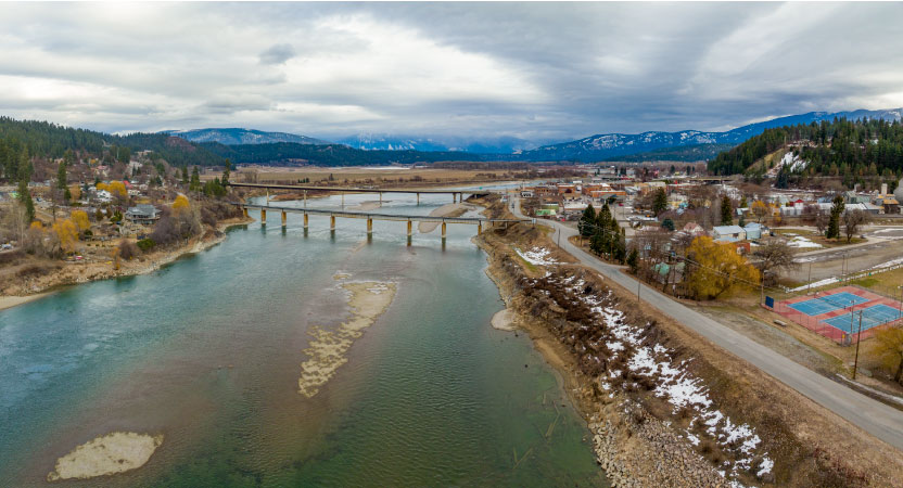 Aerial view of Kootenay River and the adjacent small town of Bonners Ferry, Idaho.