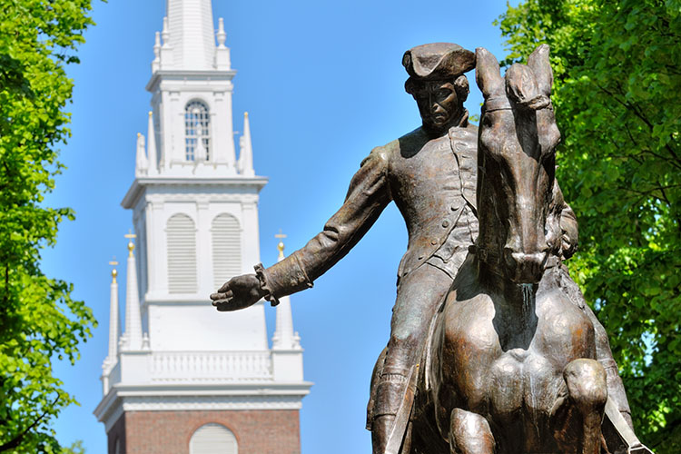 The Paul Revere statue in front of the Old North Church.