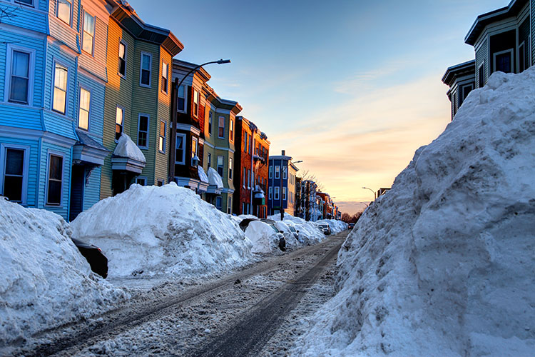 Piles of snow line the Southie neighborhood of Boston.