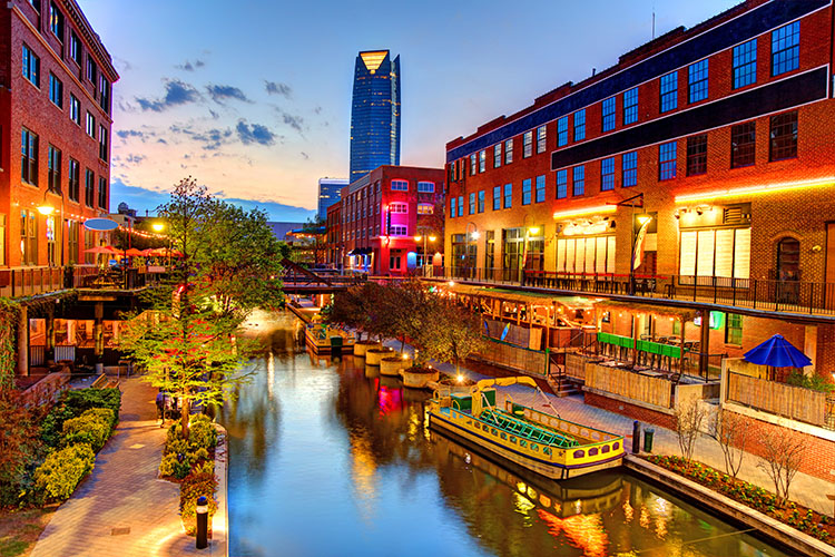 An evening view of Bricktown Canal in Oklahoma City.