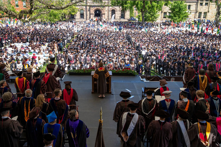 The view from on stage of a graduation ceremony on the campus of Brown University in Providence, Rhode Island. 