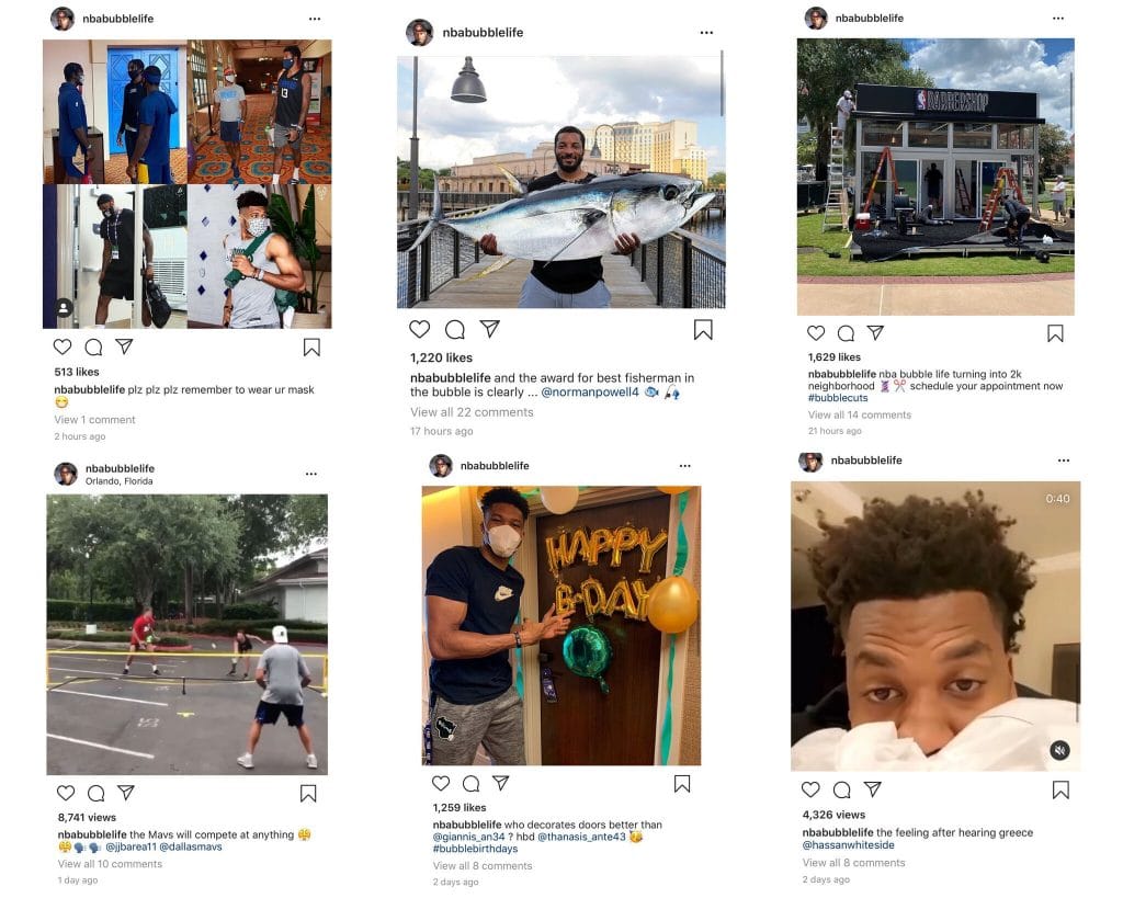 A screenshot of an Instagram account documenting the NBA bubble