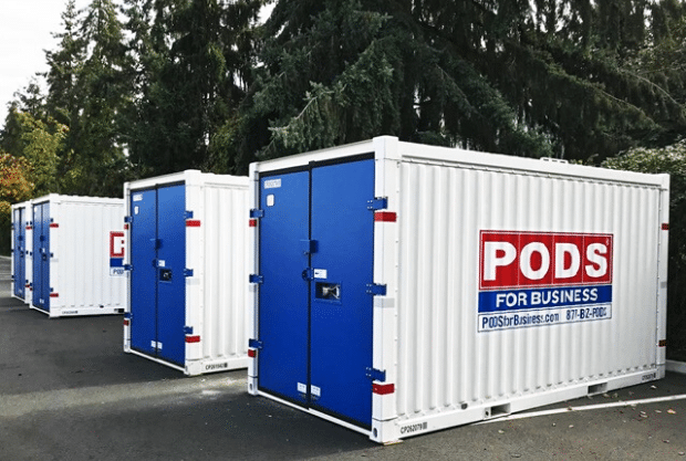 PODS all-steel commercial shipping containers in a parking lot