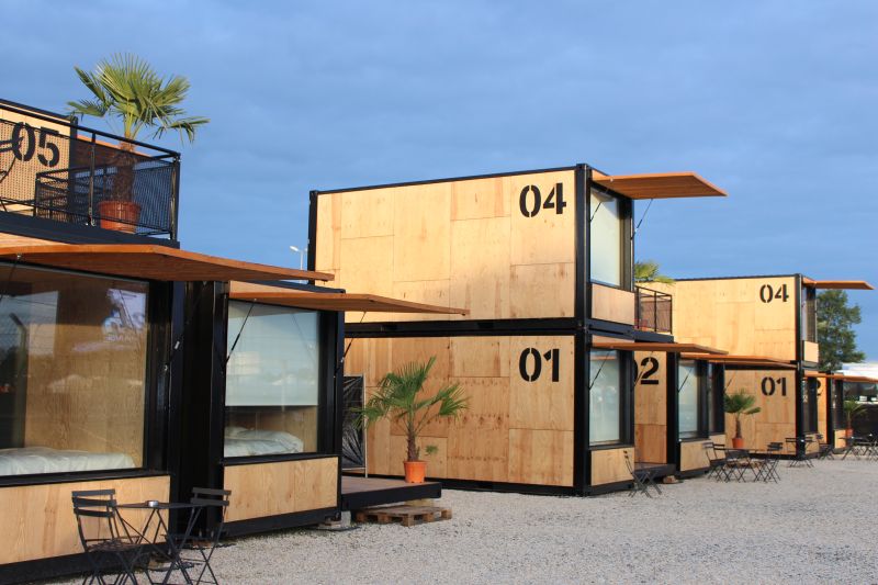 Buildings of shipping containers at the AccorHotels pop-up hotel