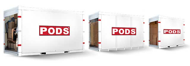 A row of PODS storage containers in three different sizes